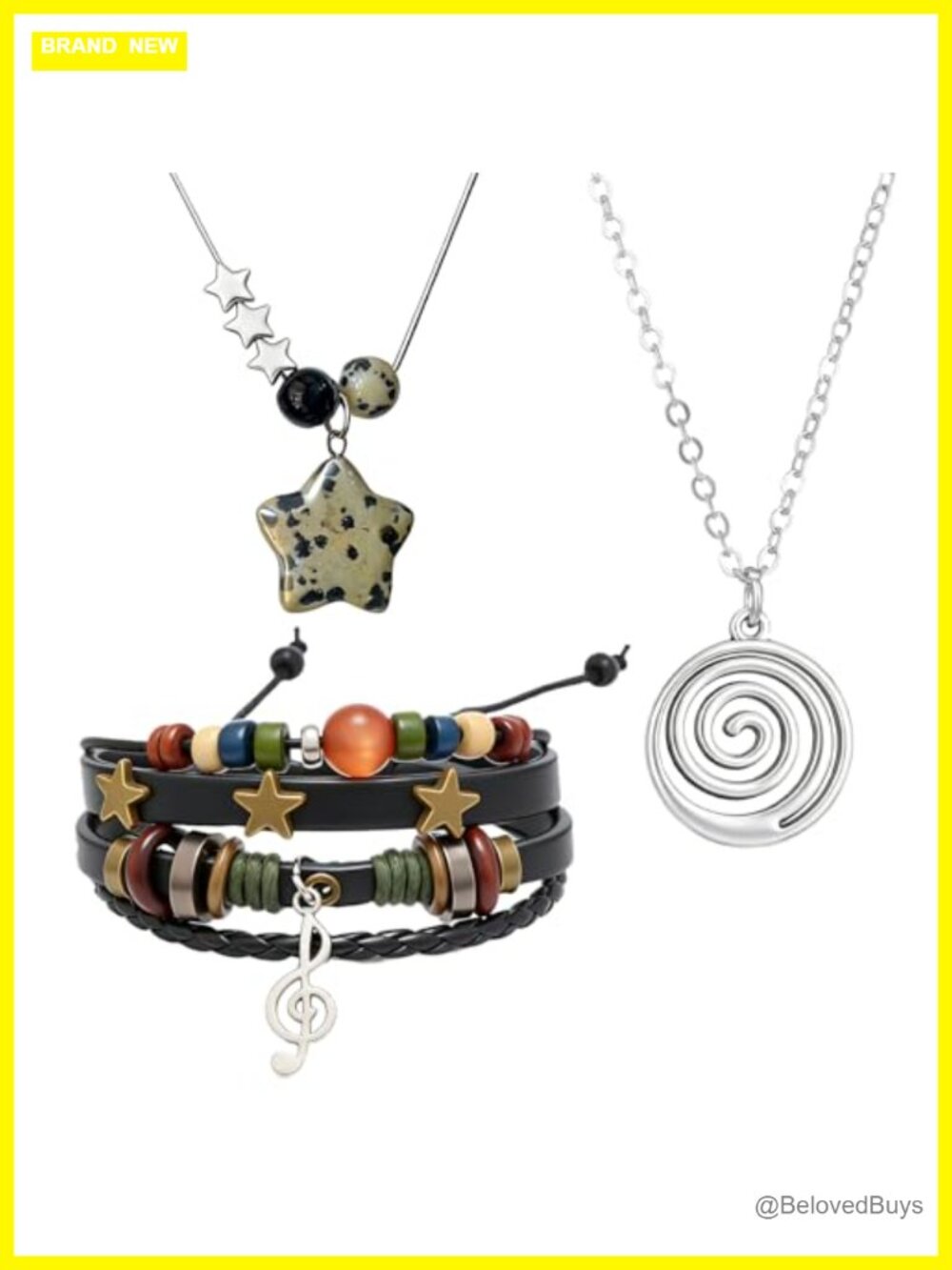 3-Piece Grunge Jewelry Set Y2K Star Gothic Swirl Necklaces Faux Leather Bracelet